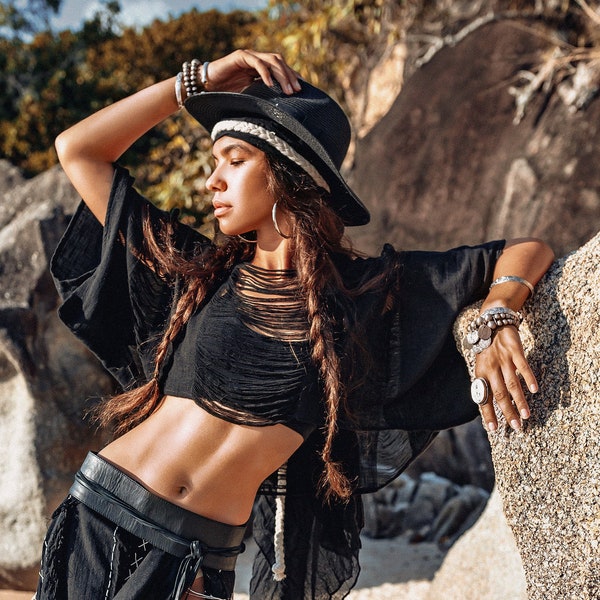 Black Boho Top • See Through CropTop •  Hand Loomed Frayed Bolero • Bohemian Tribal Tee • Plus Size Loose Top • Bohemian Summer Sexy Blouse