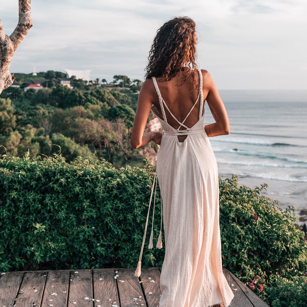 Vestido envelope boho off-white • Maxi em algodão orgânico • Vestido estilo deusa grega com alças multifuncionais