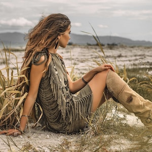 Dark Green Tassels Dress • Tulum Beach Dress • Summer Festival Frayed Mini Dress • Tribal Ladder Sides Dress • Boho Open Sides Ethnic Dress