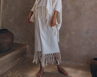 Off-White Goddess Tassels Skirt • Organic Bridal Wedding Skirt • Boho Wrap Maxi Skirt • Bohemian Minimalist Skirt • Tribal Clothing Womens