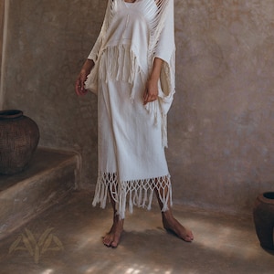 Off-White Goddess Tassels Skirt • Organic Bridal Wedding Skirt • Boho Wrap Maxi Skirt • Bohemian Minimalist Skirt • Tribal Clothing Womens