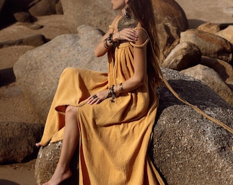 Vestido de celebración de oro amarillo, vestido de diosa solar, túnica de solsticio de abundancia, vestido griego orgánico