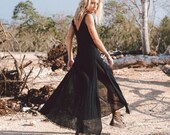 Boho Dress Black Organic Bohemian Dress Black Slit Dress with V-Back Evening Dress Black Wedding Dress Party High Low Dress