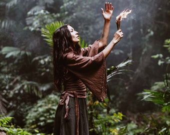 Brown Linen Kimono Wrap Top • Linen Kimono Wrap Cardigan • Shamanic Wrap Blouse • Linen Wrap Top  • Priestess Tunic • Wide Sleeve Wrap Top