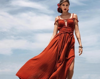 Vestido rojo de diosa griega • Vestido de dama de honor boho • Vestido griego con cinturón • Vestido de invitada de boda hecho a mano • Vestido ajustable trenzado boho