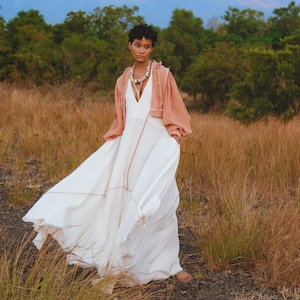 Off White Shakti Dress • Goddess Dress with Bells  • Modest Boho Dress • Organic Boho Deep V Dress • Bohemian Open Shoulder  Dress