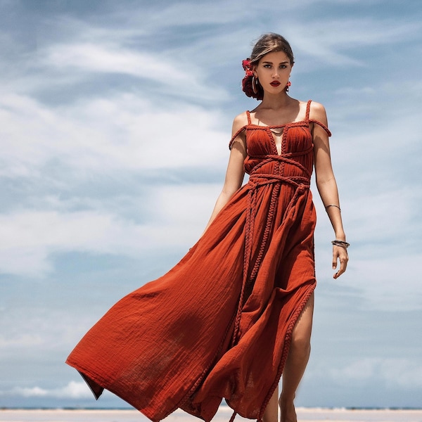 Vestido ritualístico vermelho vinho para sacerdotisa, vestido de deusa grega em algodão orgânico, para dança sagrada.