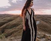 Black Boho Dress Organic Bohemian Dress Slip Maxi Dress Evening Dress Goddess Dress Black Wedding Dress Fringe Dress Women Dress