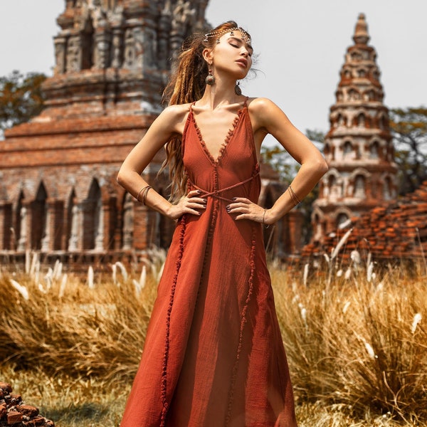 Vestido de dama de honor bohemio rojo • Vestido de cóctel informal • Vestido de invitada de boda rojo • Vestido hecho a mano con cuello en V de diosa • Vestido bohemio con trenzas ajustables