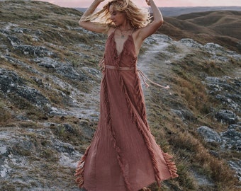 Dusty Pink Maxi Dress • Bohemian Evening Dress • Belted Bridesmaid Dress • Boho Formal Dress • Wedding Guest Dress • Organic Priestess Dress