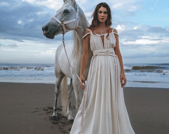 Vestido de diosa griega • Vestido de novia sencillo • Vestido de novia minimalista • Vestido de novia de playa con cinturón trenzado hecho a mano • Vestido boho blanquecino