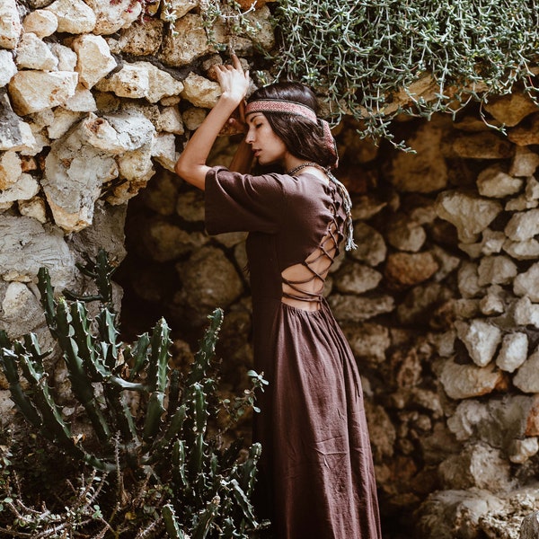 Brown Goddess Dress • Boho Bridesmaid Dress • Long Maxi Dress • Priestesss Ceremonial Dress • Evening Dress • Open Back Adjustable Dress