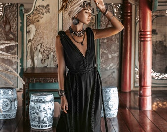 Vestido negro de diosa griega • Vestido de dama de honor • Vestido multiposición • Vestido de invitada de boda boho • Vestido ajustable • Vestido de Cleopatra de talla grande