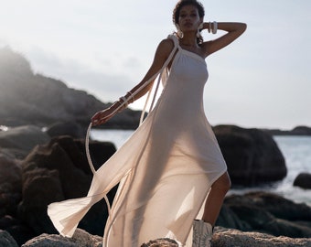 Off-White Aurora Greek Goddess Dress Roman Toga Asymmetrical One Shoulder Maxi Wedding Braided Gown