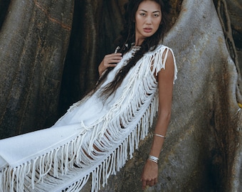Off White Goddess Dress • See Through Sides Maxi Dress • Boho Bikini Cover Up Dress •  Bridal Tropical Wedding Dress • Frayed Handmade Dress