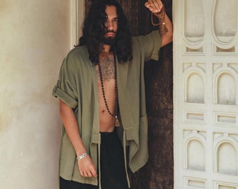 Sage Green Men’s Kimono • Oversized Rustic Cotton Coat • Minimalist Boho Kaftan Festival Jacket