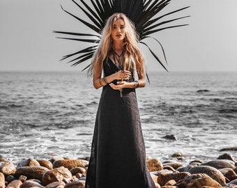 Black Bridesmaid Linen Dress • Sleeveless Summer Beach Maxi Dress • Gothic Bohemian Dress • Elegant Dress • Long Slip Dress with Open Back
