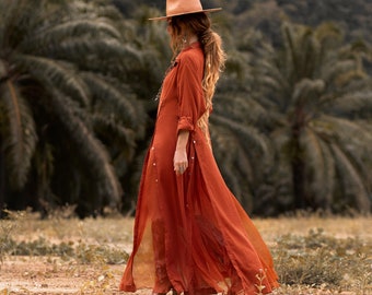 NEW! Kannika Shirt Dress • Button Down Dress • Boho Long Sleeves Kaftan Dress • Multiway Red Maxi Shirt Dress • Bohemian See Through Dress