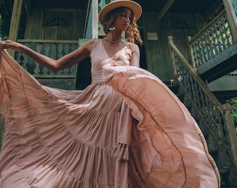 Boho Brautjungfer Kleid • Boho Rosa Kleid • Boho Kleid griechische Göttin • Rückenfreier Boho Stil • Lässiges Reinassance Baumwollkleid