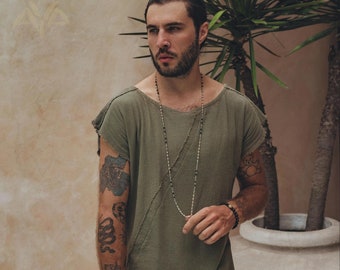 Sage Green Handmade Shirt • Boho Tribal Shirt • Wide Neck T-shirt • Baggy Shirt • Short Sleeves Top • Bohemian shirts for Man • Raw Edge Tee