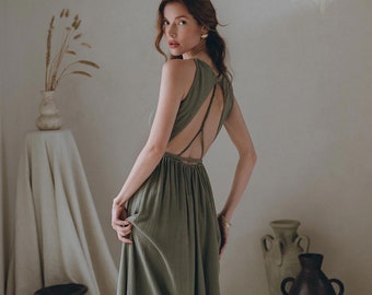 Sage Green Bridesmaid Dress • Boho Goddess Dress • Cocktail Casual Adjustable Dress  • Open Back Maxi Dress • Bohemian Kimono Wrap Dress