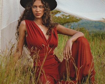 Red Rose Chiffon Silk Jumpsuit • Backless Wide Leg Dungaree • Organic Minimalistic Overall • Sexy Boho