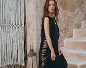 boho fringe maxi dress black product info and reviews Black Boho Fringe Cotton Dress Bohemian Ladder Side Maxi
