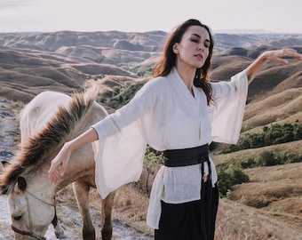 Off White Kimono Top • Stylish Wrap Top • Simple Bridal Kimono • Organic Goddess Top • Bell Sleeve Bohemian Tee •  Minimalist Clothing Women