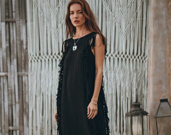 boho fringe maxi dress black product info and reviews Boho Fringed Dress / Black