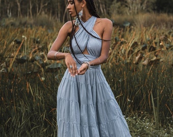 Boho Multiway Goddess Dress • Light Blue Bohemian Adjustable Dress • Bohemian Sleeveless Maxi Dress • Evening Open Back Belly Dress