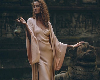 Dusty Pink Silk Robe • Long Wide Sleeves Kimono • Adjustable Soft Cape • Silk Duster Jacket • Rose Gold Belted Cardigan • Robes for Women
