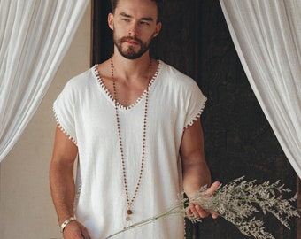 Boho Shirt Men with Knots • Boho Bohemian hHandmade Mens Clothing • Off-White Tee T-shirts for Men • Tanktop Tee T-Shirt with Short Sleeves