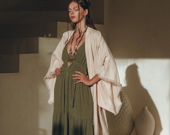 Light Pink Long Linen Kimono • Organic Cape Summer Beach Cover Up Jacket