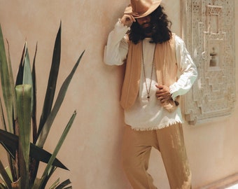 Beige Adjustable Hipster Natural Pants Casual Minimalist Organic Cargo Sweat Pants Cotton Trousers Men