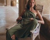 Jumpsuit Women Braided Romper Women Sage Green Overalls Bohemian Boho Romper One Shoulder Wide Maxi Jumpsuit Cotton Overall Dress