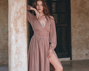 Rose Gold Boho Dress • A Line Maxi Dress • Bohemian Priestess Ceremony Dress • Long Sleeve Dress • Modest Goddess Dress • Bridesmaid Dress