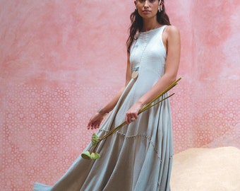 Bhakti Dress • Powder Blue Hand Embroidered Organic Cotton A-Line Boho Maxi Dress