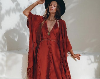 Boho Bridesmaid Dress • High Priestess Dress • Evening Gown • Tassels Fringed Dress • Red Wedding Guest Dress • Adustable Open Back Dress