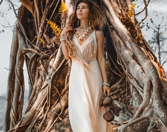 Bohemian Bridal Dress • Boho Handmade Fringe Dress • Tribal Embroidered Dress • Tropical Wedding Dress • Boho Open Back Dress • Ethnic Dress