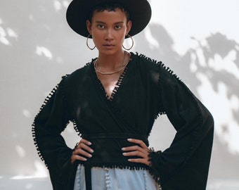 Blusa tipo kimono negra con mangas acampanadas, estilo bohemio, para festivales de verano, orgánica, natural, hecha a mano con nudo
