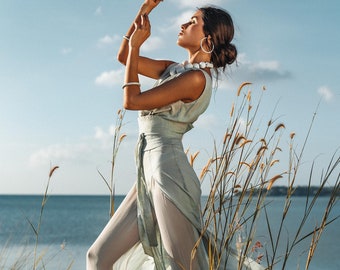 Peace Silk & Cotton Jumpsuit • Goddess Evening Romper • Dusty Blue Backless Overalls • Bohemian Prom Overall • Eco Curvy Wide Legs Dungaree