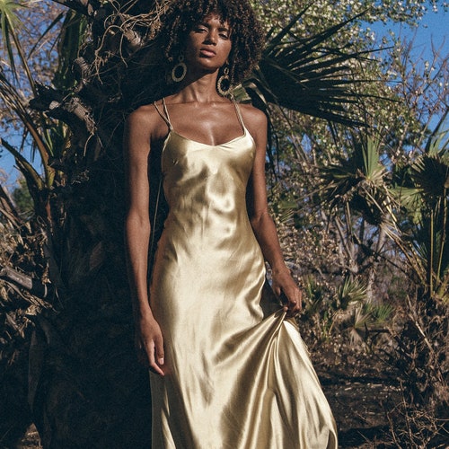 Gold Silk Slip Dress Peace Silk Maxi ...