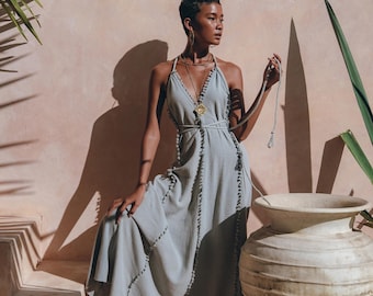 Sky Blue Boho Goddess Bridesmaid Dress • Greek Maxi Wedding Guest • Adjustable Organic Tassels