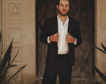 Black Linen Suit Trousers • High Waist Organic Pants
