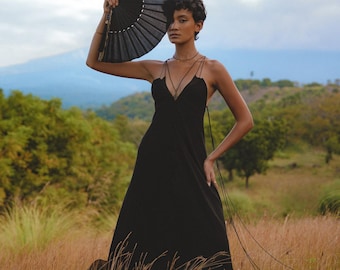 black boho formal dress Modern Gothic Boho Lace Black Wedding Dress Vintage Unique A-Line Long Sleeve Bridal Gown with Court Train, Black / 2 main image 1