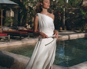 Greek Goddess Wedding Dress Boho Bohemian Dress Organic Cotton Bridesmaid Dress Maxi One Shoulder Dress Off White Long Toga Dress