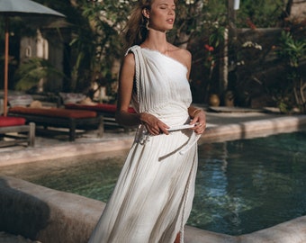 Bridal One Shoulder Dress • Long Greek Goddess Dress • Off White Asymmetrical Dress • Bohemian Bridesmaid Dress • Sexy Grecian Maxi Dress