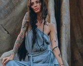 Boho Jumpsuit Women Braided Bohemian Overalls Apron Dress Cold Shoulder Maxi Jumpsuit Blue Romper Women Handmade Artisan Jumpsuit