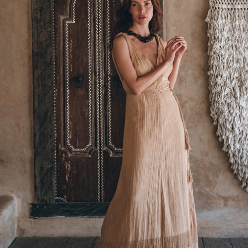 boho cocktail dress for wedding guest Bridesmaid • Dress • Bohemian Maxi Dress • Beige Dress Women • Boho Tan Dress • Prom Casual Dress durable enought for your daily wearing 2 Grey Boho Bridesmaid Dress Adjustable