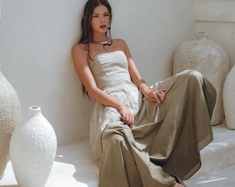 Sage Green Cotton Corset Top and Pleated Skirt Set • Bohemian Outfit